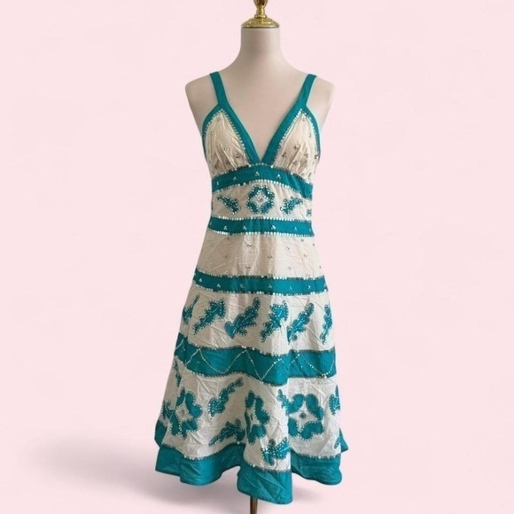 Y2K BCBGMaxAzria Turquoise & Cream Beaded Sequin Midi Dress — Size 8